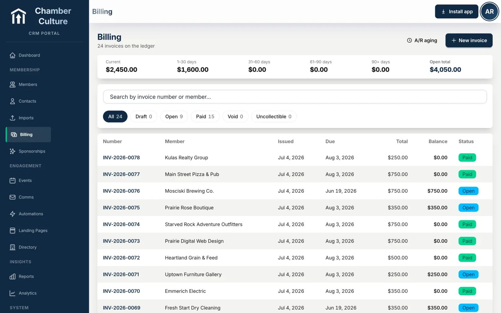 CRM dues and invoicing