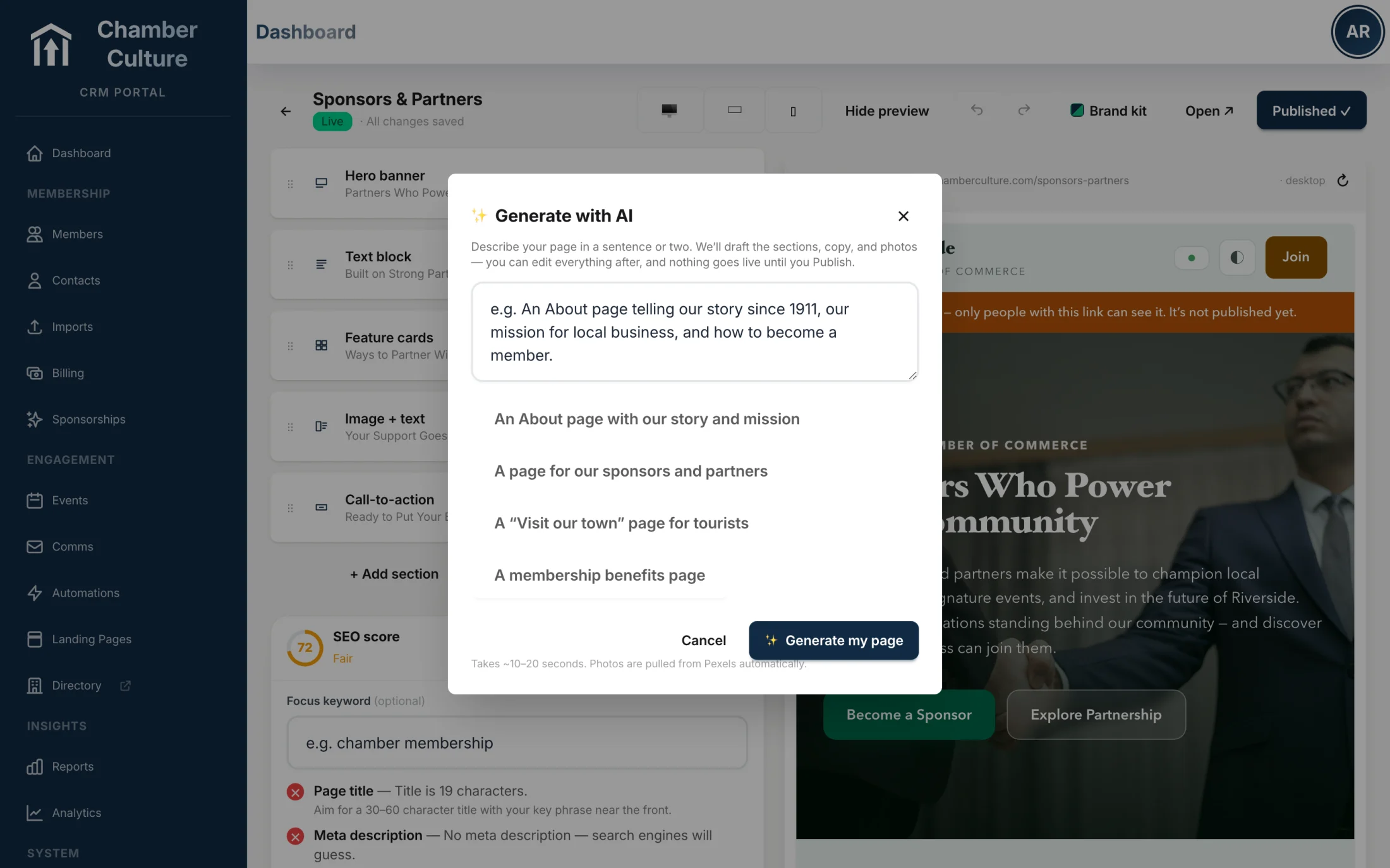 Generate a member website page with AI